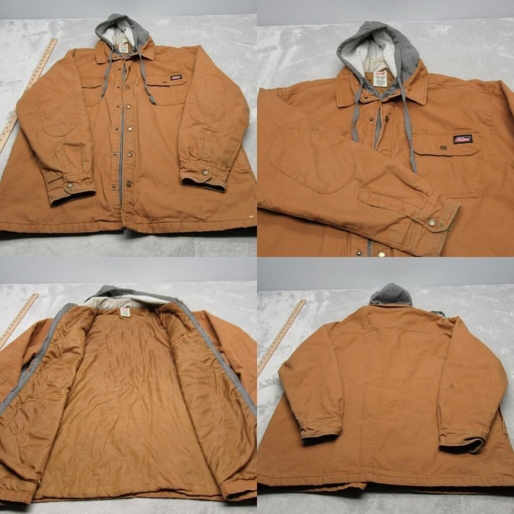 Dickies Jacket Men 2XL Brown Quilted Lined Canvas Work Hooded Button Zip Read